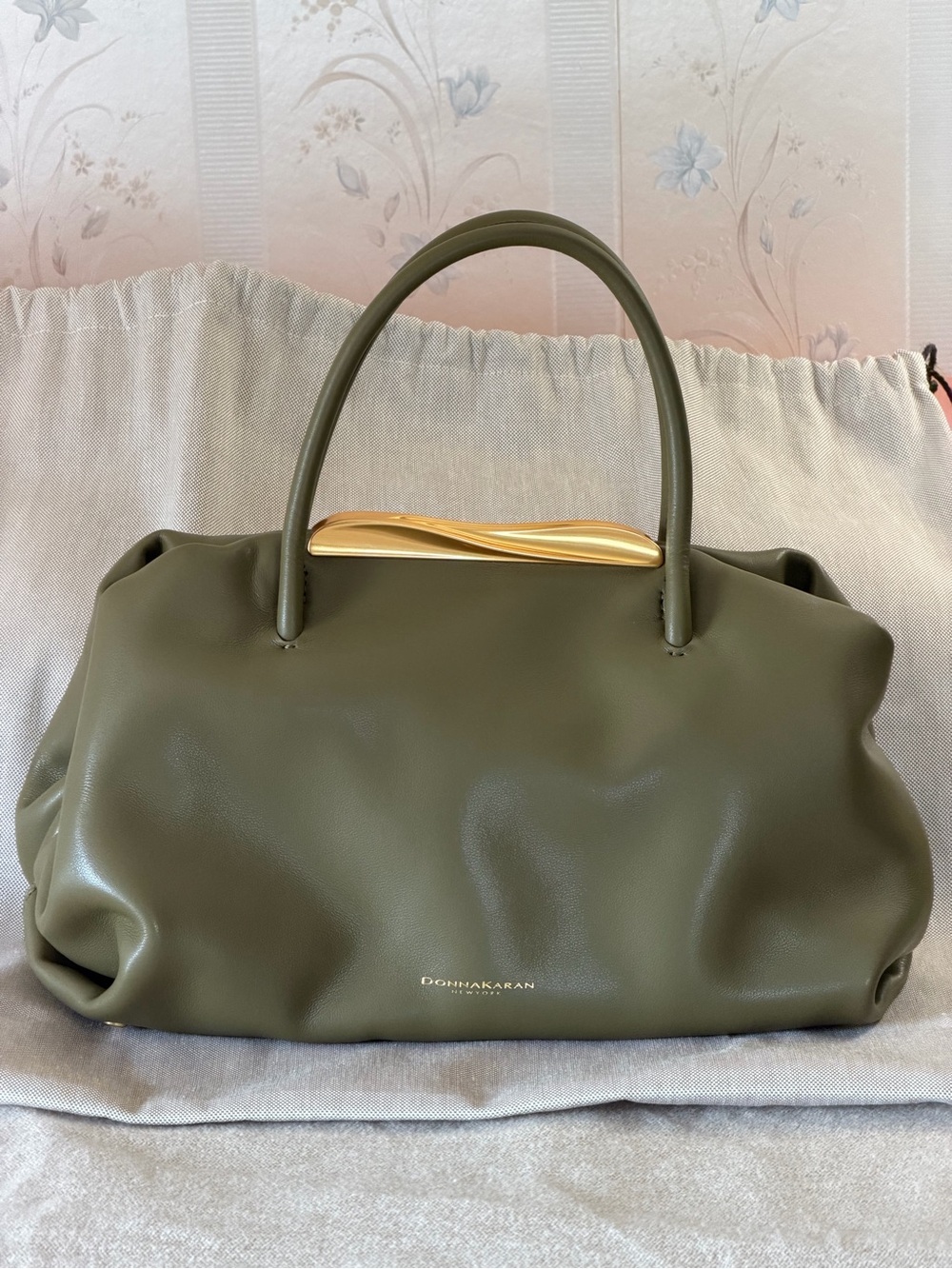 Donna Karan Olive Green Leather Satchel with Gold Accent - Picture 9 of 15